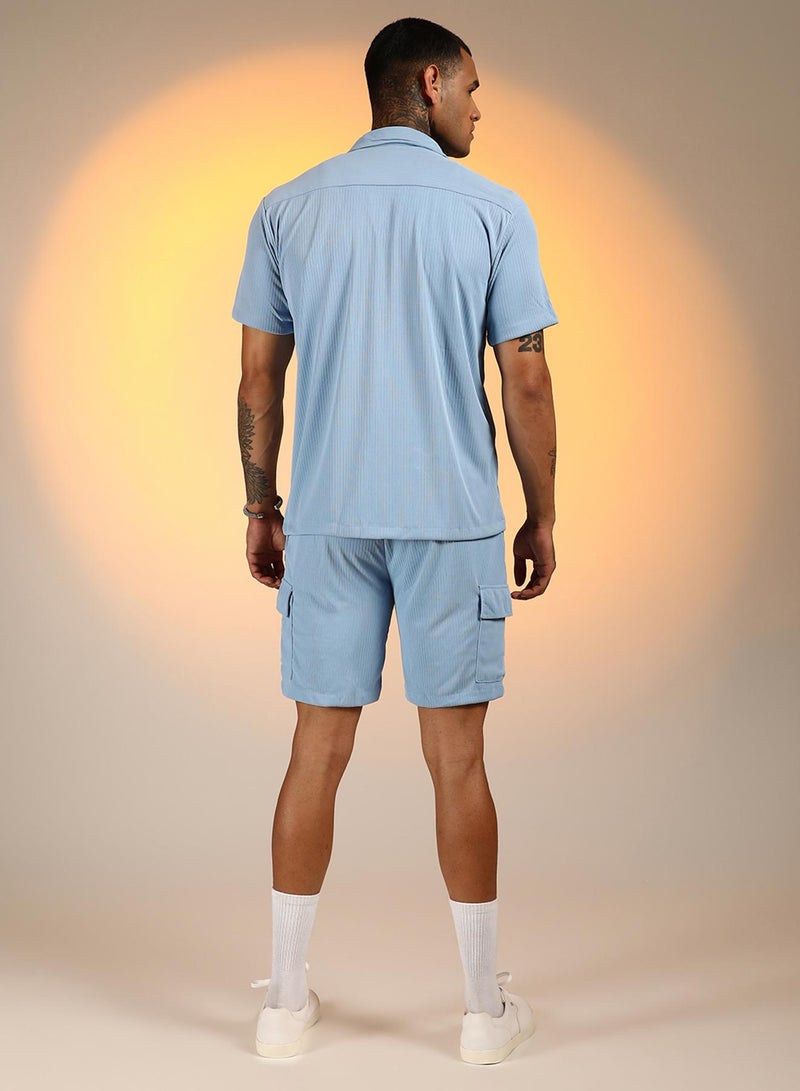 Campus Sutra Men's Baby Blue Ribbed Utility Co-Ord Set For Casual Wear | Cuban Collar | Short Sleeve | Button Closure | Co-Ords Crafted With Comfort Fit For Everyday Wear - Image 5